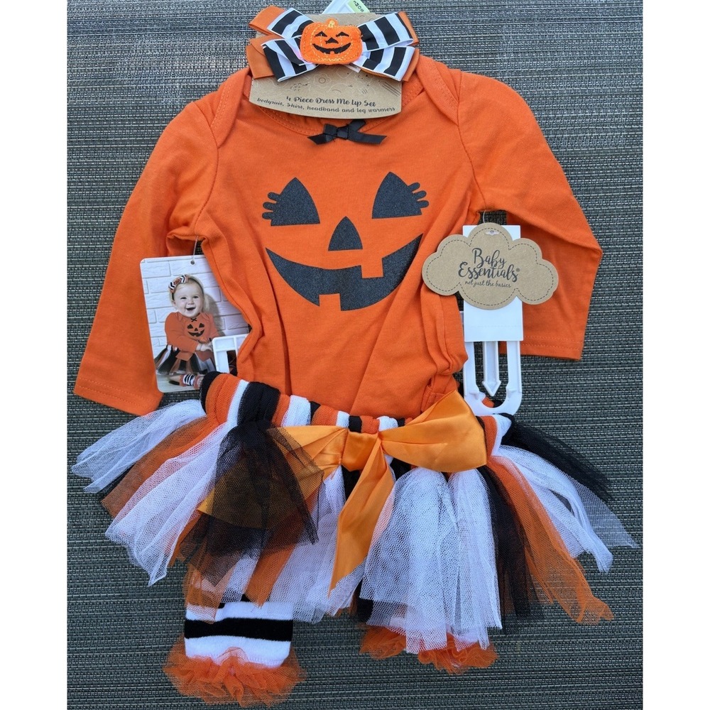 Baby Essentials Halloween Pumpkin 4 PC Dress Me Set Bodysuit, Skirt, HB, 6 Mos